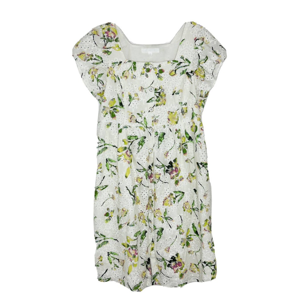 Adyson Parker Eyelet Button Front White Floral Ruffle Sleeve Dress Size M